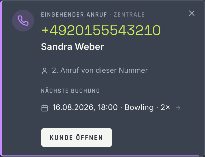Anrufer-Einblendung im Backoffice: Rufnummer, erkannte Kundin und ihre nächste Buchung